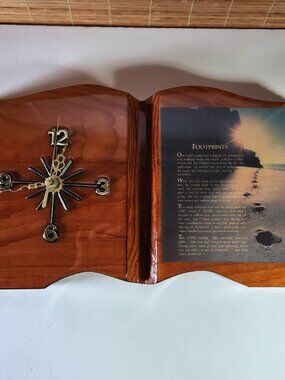 Vintage 80s 90s Footprints in the Sand Wooden Clock with Christian Poem Plaque